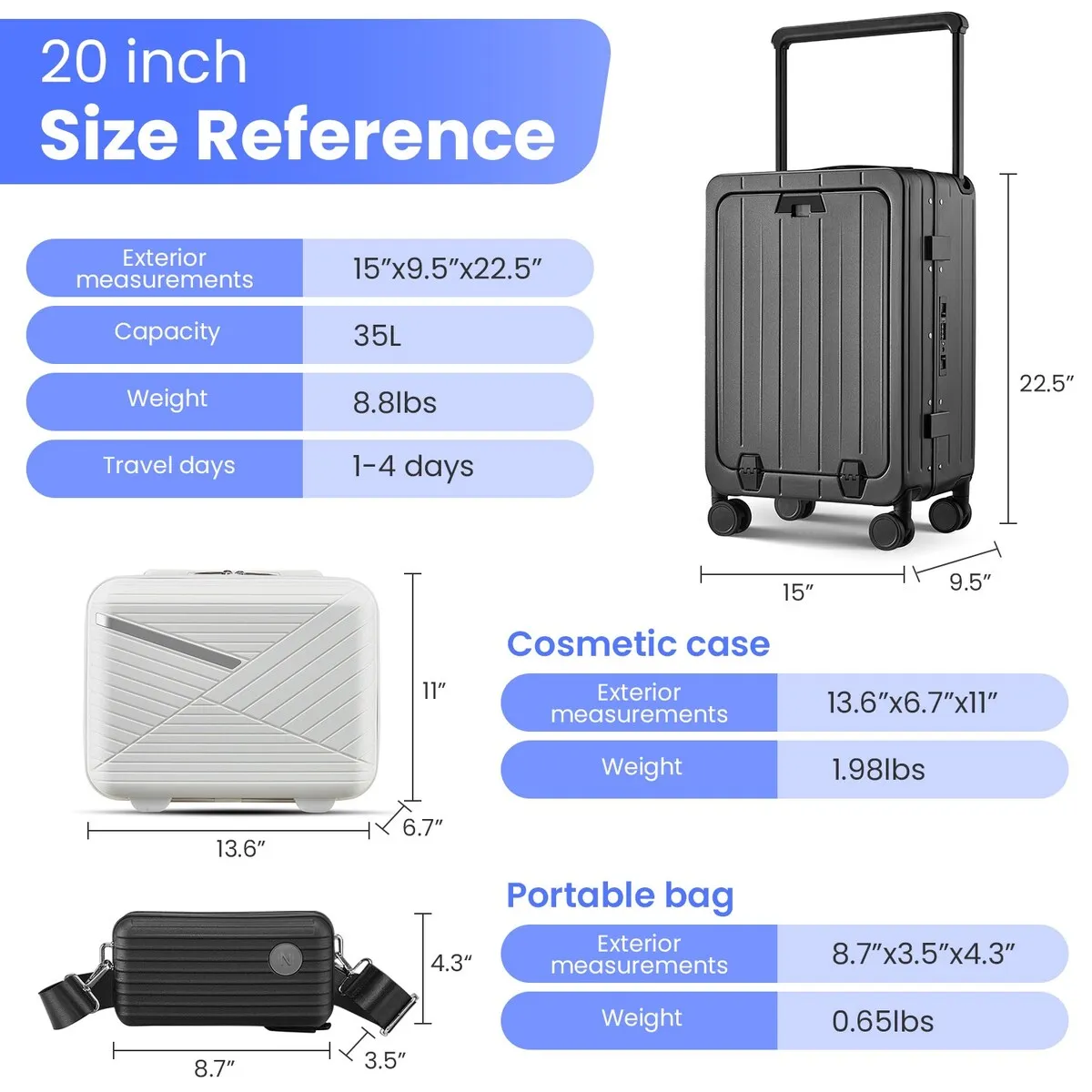 Aluminum Frame 20 Inch with Front Open Carry-on Luggage