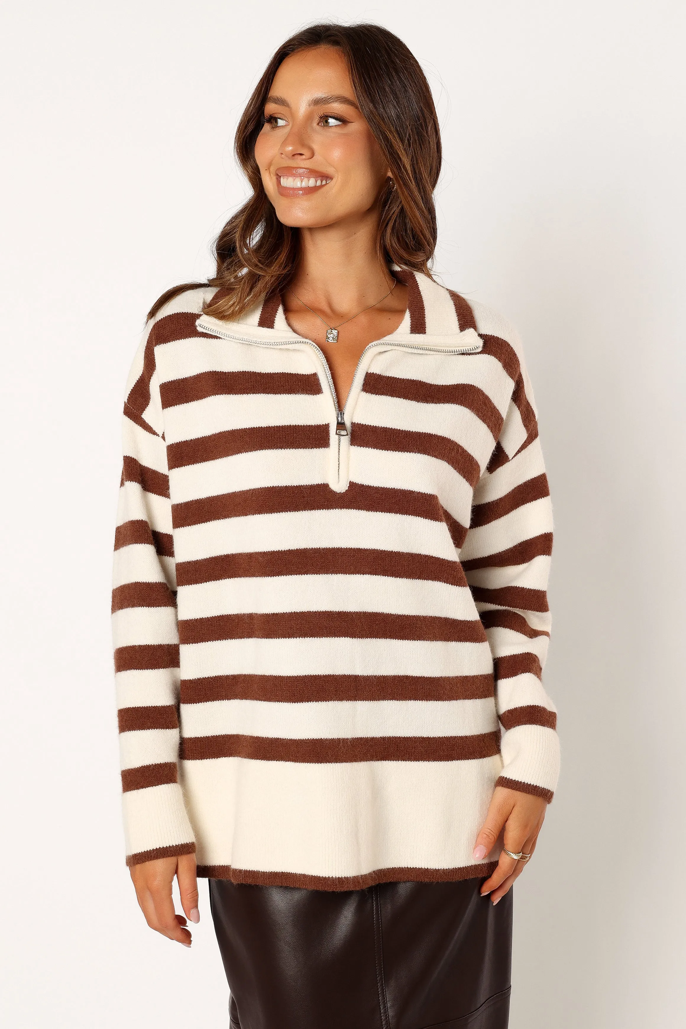 Artemis Oversized Quarter Zip Knit Sweater - Beige Brown