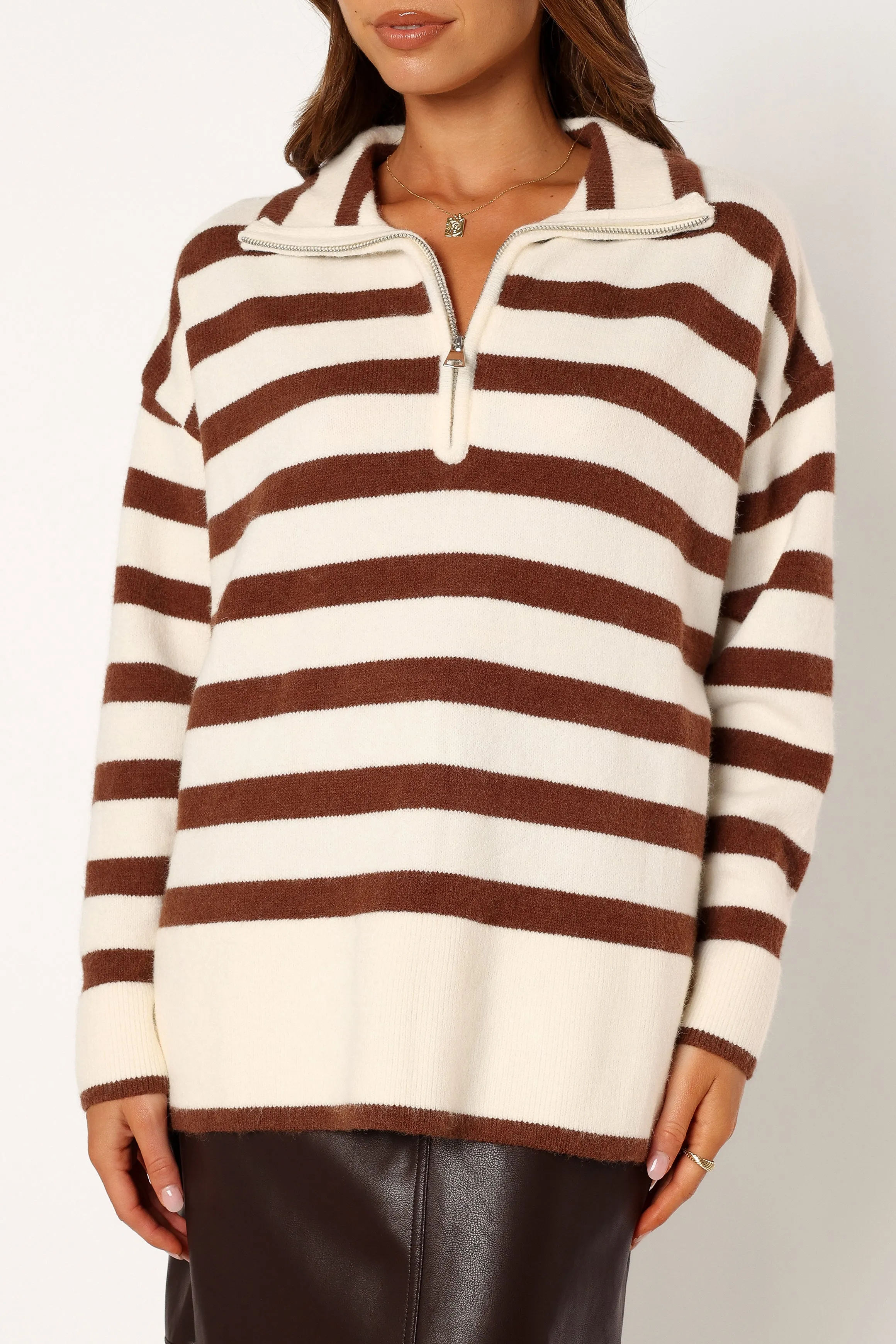 Artemis Oversized Quarter Zip Knit Sweater - Beige Brown