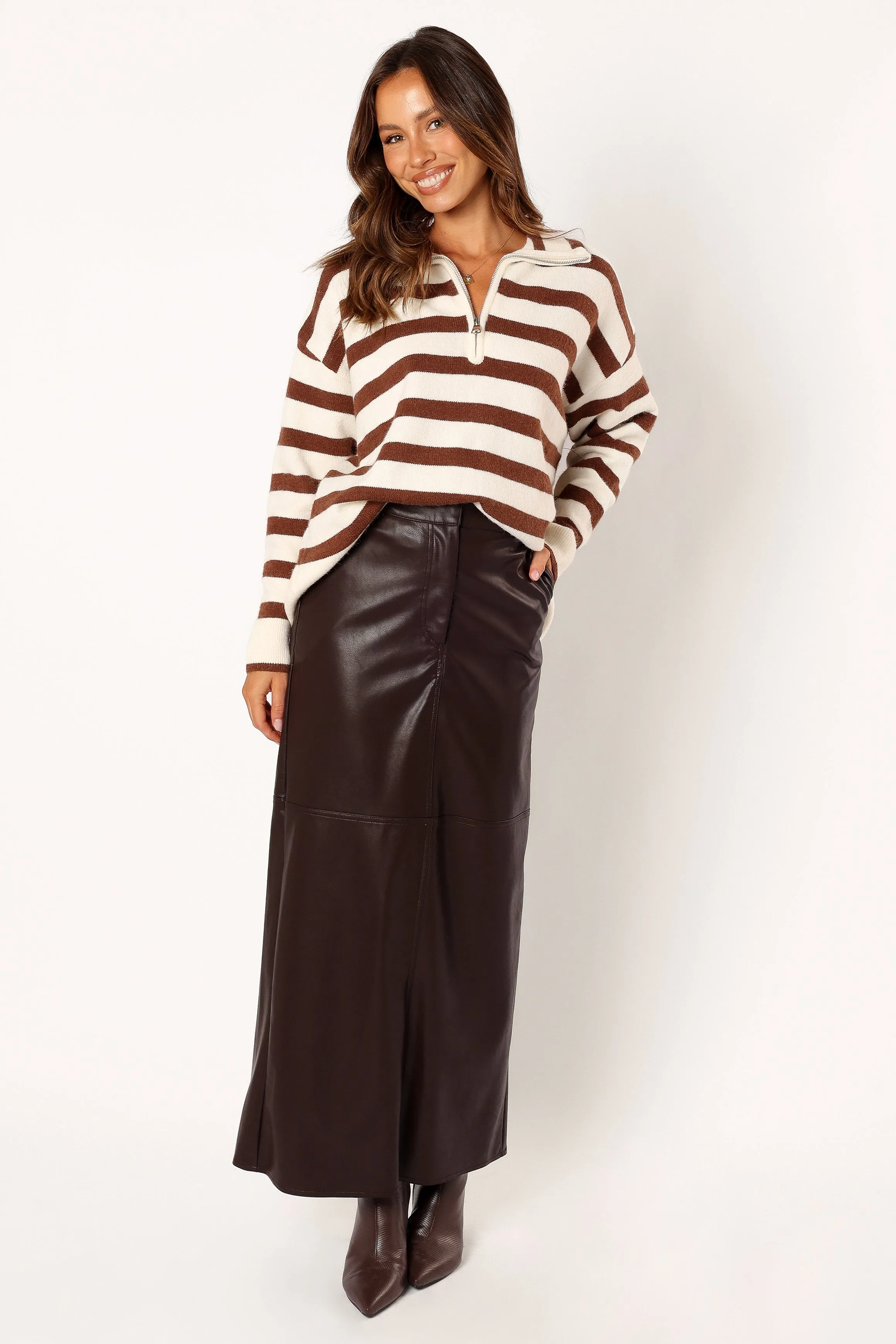 Artemis Oversized Quarter Zip Knit Sweater - Beige Brown