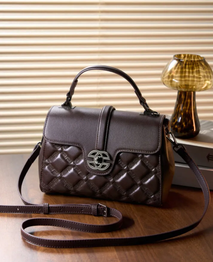 Elegant Genuine Leather Women's Diamond Quilted Handbag, Versatile Cowhide Leather Shoulder Bag for Daily Use