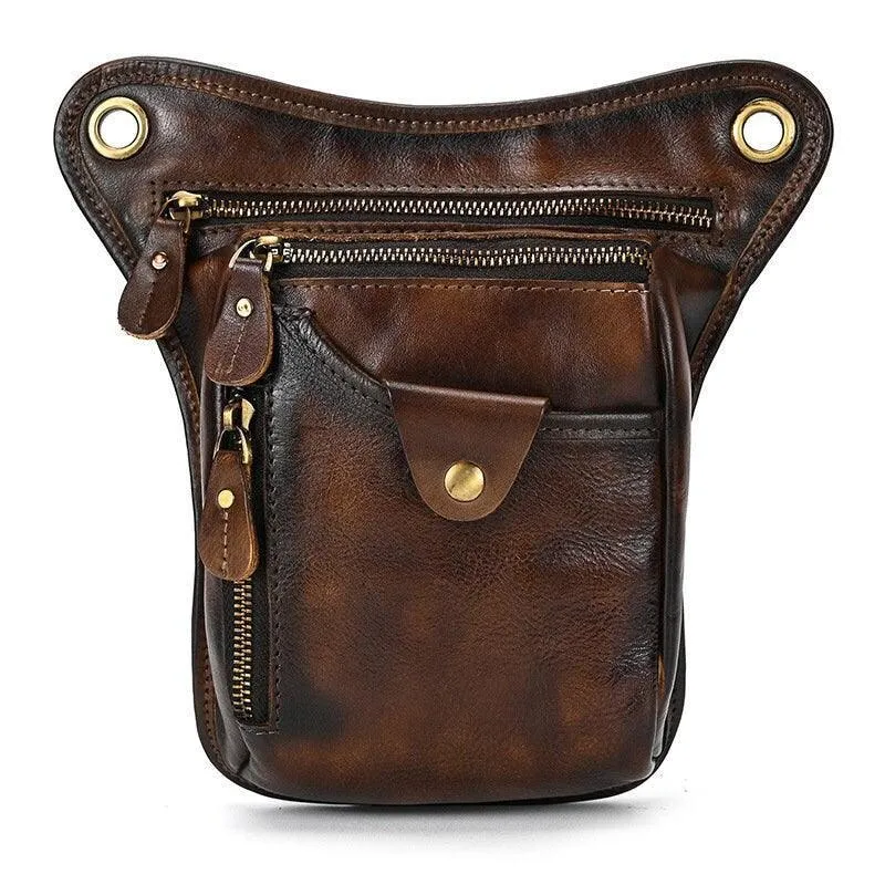 Full Grain Leather Leg Bag Foraging Pouch Leather Motorcycle Waist Bag, Male Knight Bull Head Bag, Crazy Horse Leather Bag for Men Women