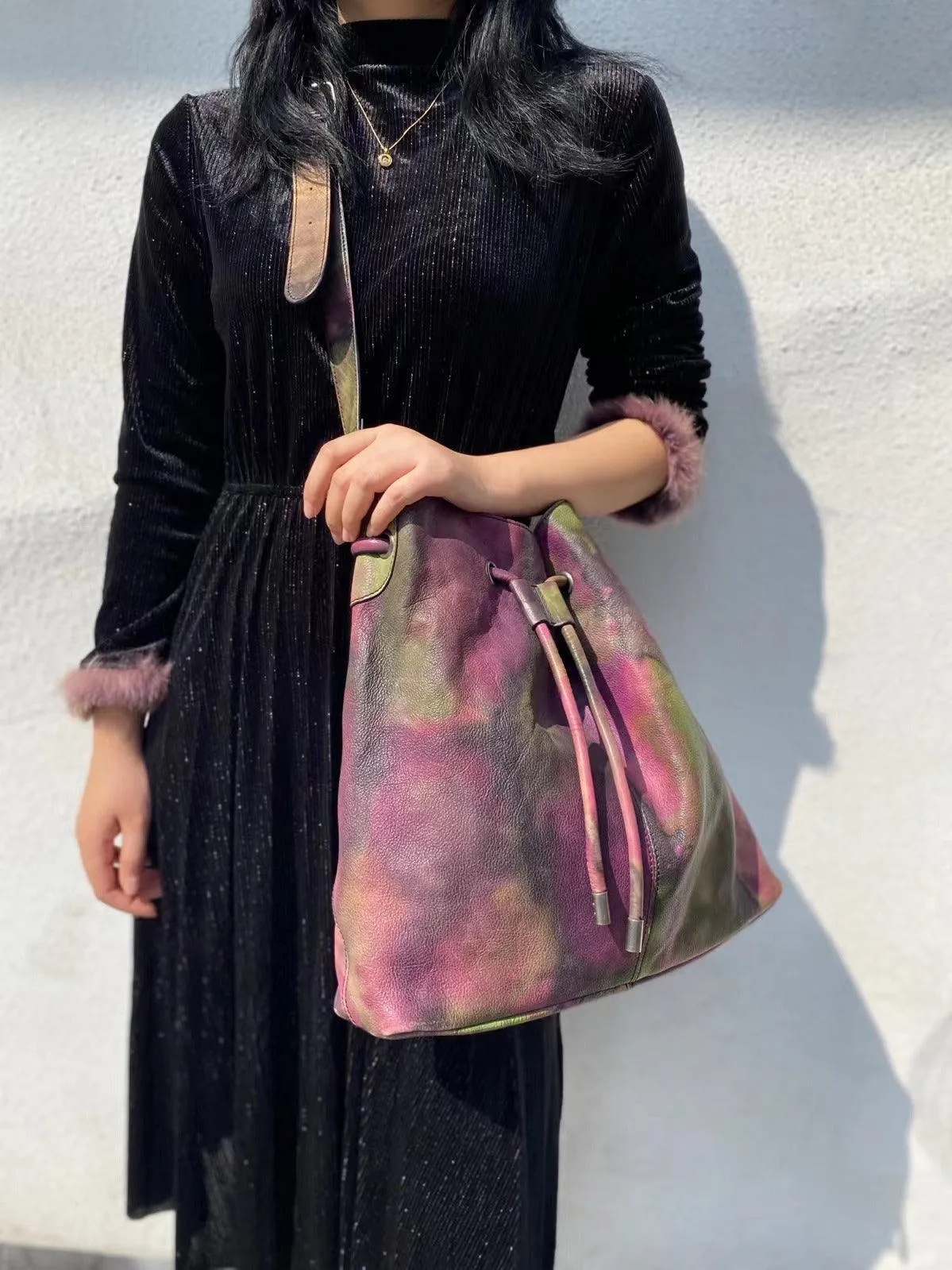 Italian Luxury Cowhide Leather Drawstring Bucket Bag in Camouflage Purple, Women Handcrafted High-End Genuine Leather Shoulder Bag