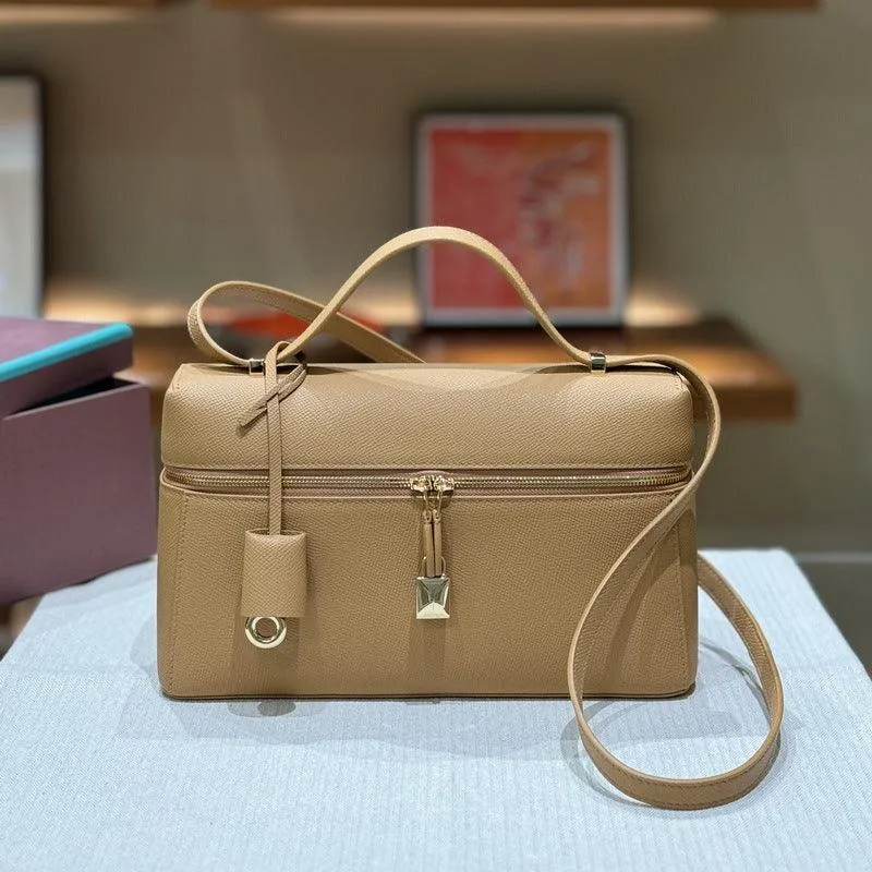 Italian Smooth Calfskin Leather Lunchbox Bag, Luxury Extra Pocket Leather Handbag, Women Elegant Shoulder & Top Handle Bag for Fall