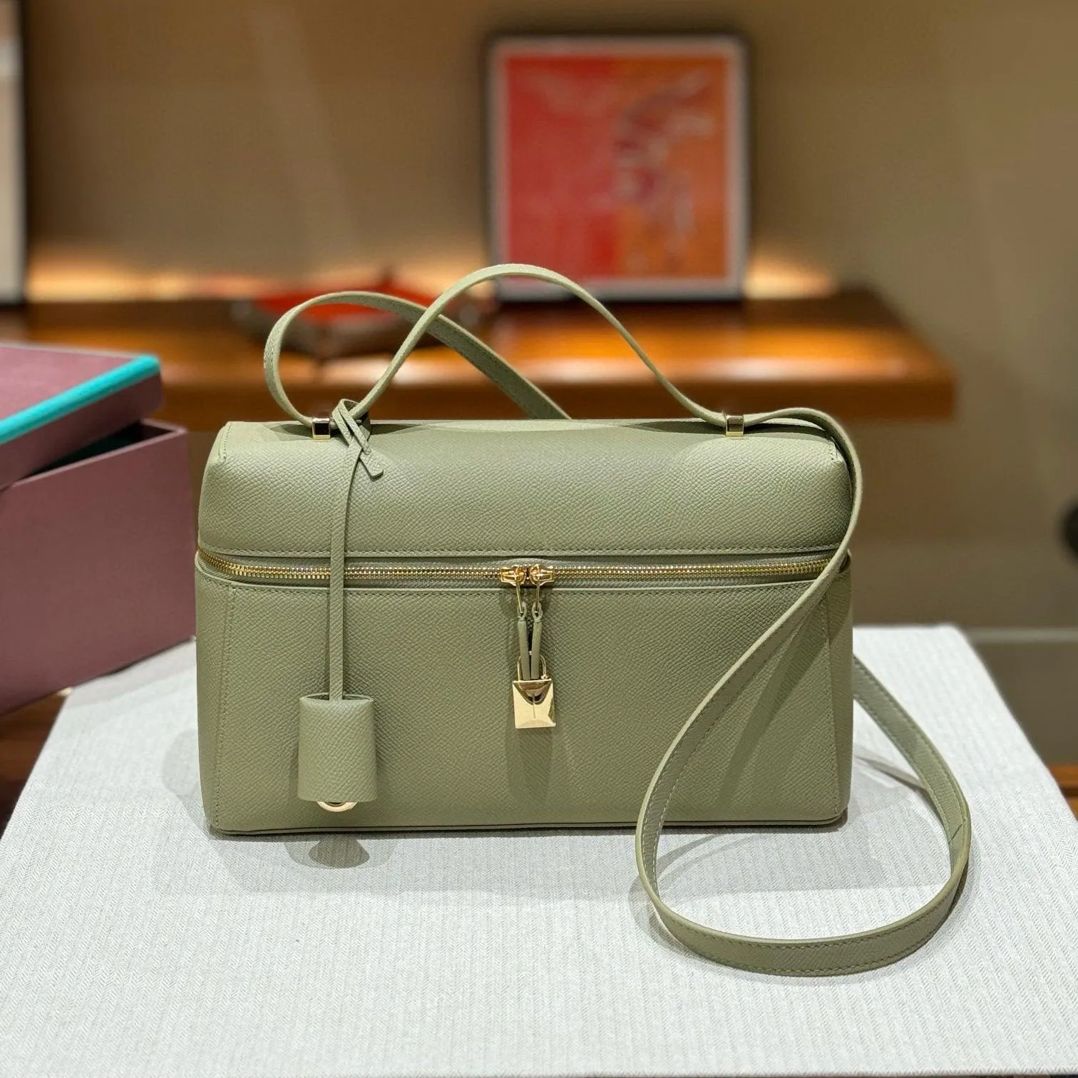 Italian Smooth Calfskin Leather Lunchbox Bag, Luxury Extra Pocket Leather Handbag, Women Elegant Shoulder & Top Handle Bag for Fall