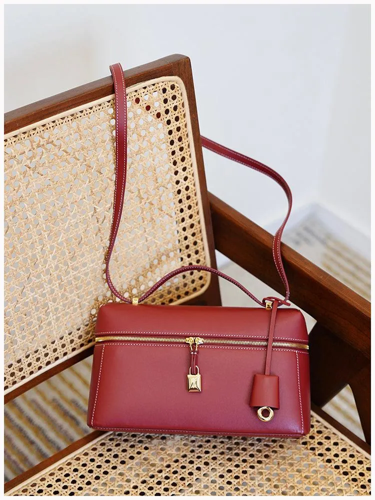 Italian Smooth Calfskin Leather Lunchbox Bag, Luxury Extra Pocket Leather Handbag, Women Elegant Shoulder & Top Handle Bag for Fall