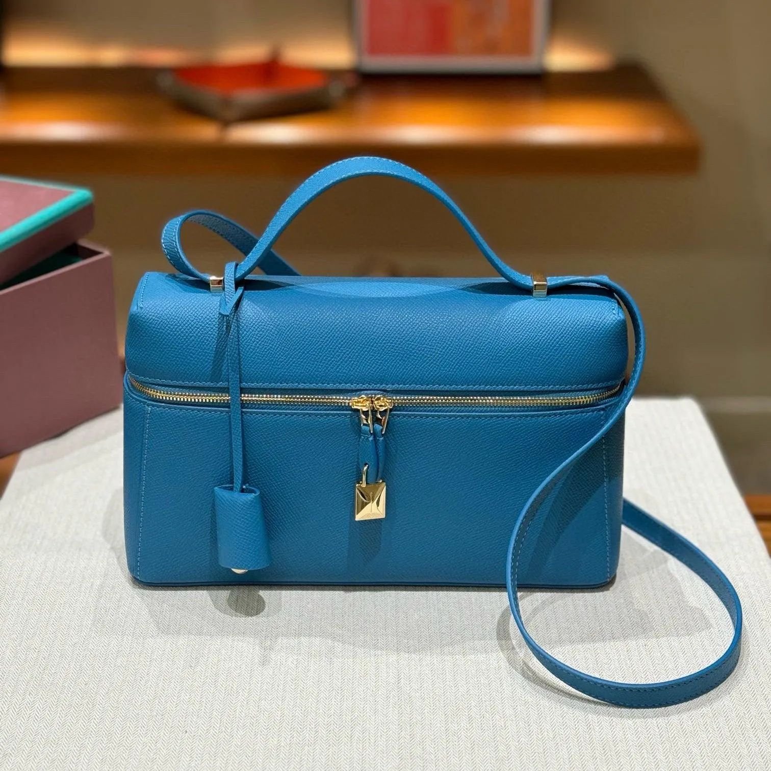 Italian Smooth Calfskin Leather Lunchbox Bag, Luxury Extra Pocket Leather Handbag, Women Elegant Shoulder & Top Handle Bag for Fall