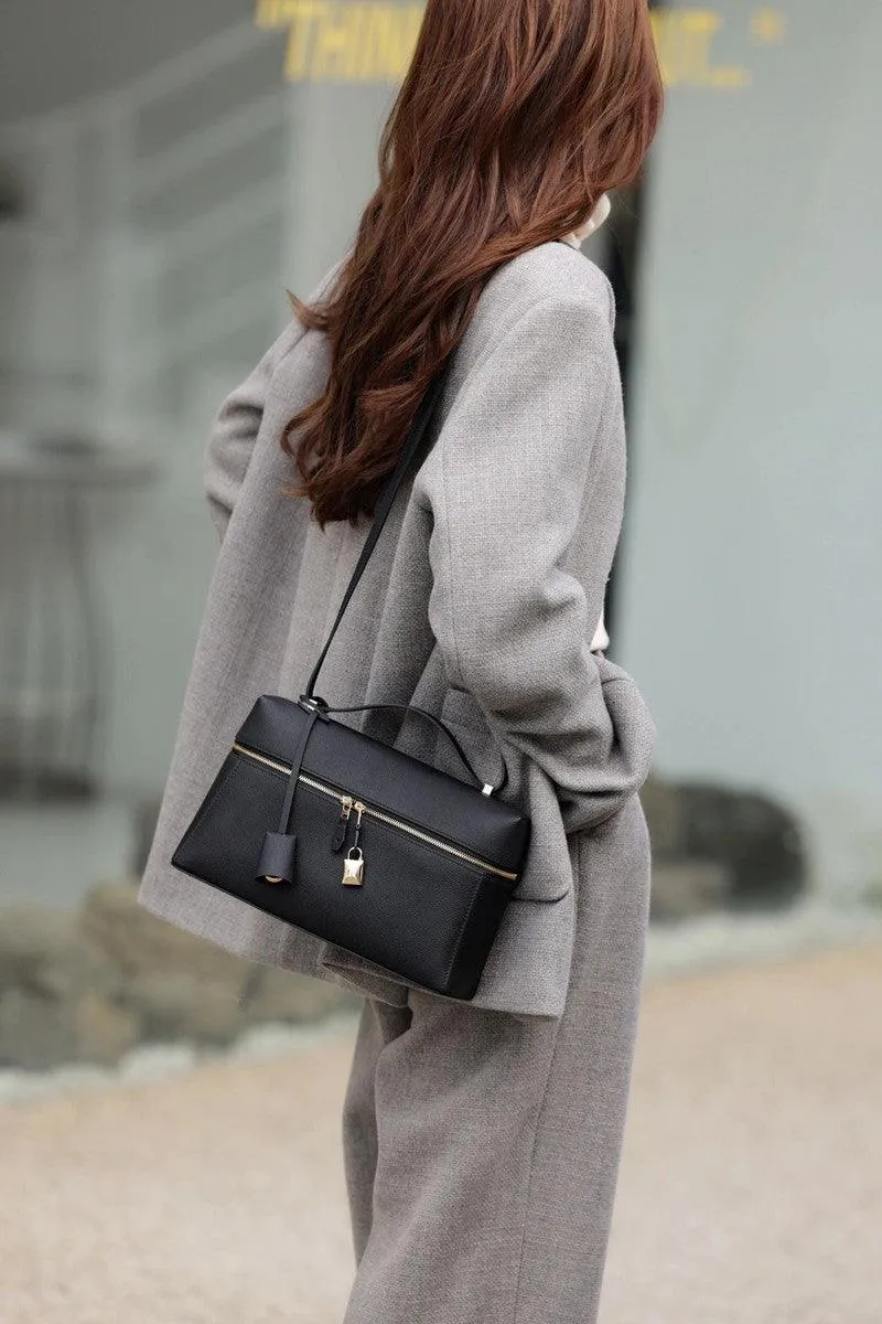 Italian Smooth Calfskin Leather Lunchbox Bag, Luxury Extra Pocket Leather Handbag, Women Elegant Shoulder & Top Handle Bag for Fall