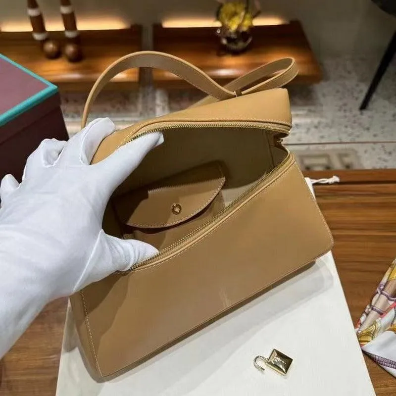 Italian Smooth Calfskin Leather Lunchbox Bag, Luxury Extra Pocket Leather Handbag, Women Elegant Shoulder & Top Handle Bag for Fall
