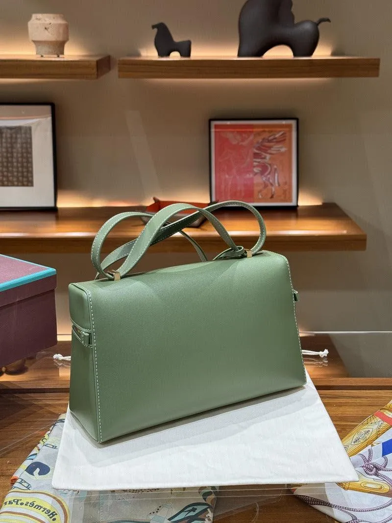 Italian Smooth Calfskin Leather Lunchbox Bag, Luxury Extra Pocket Leather Handbag, Women Elegant Shoulder & Top Handle Bag for Fall