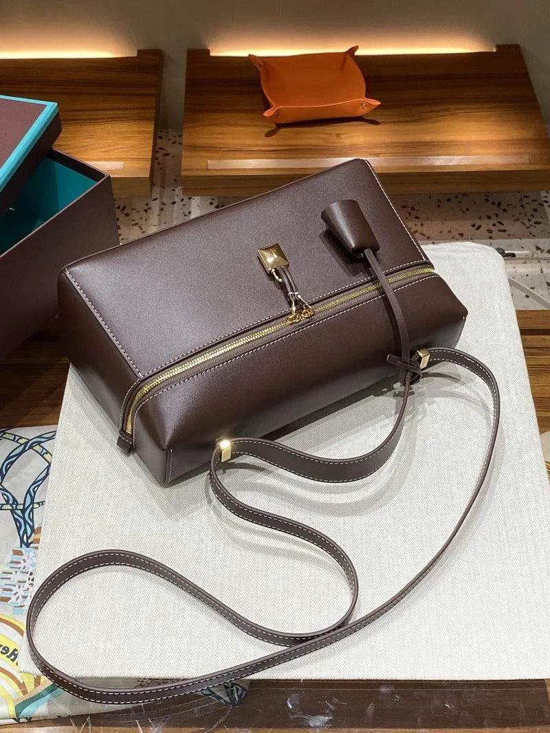 Italian Smooth Calfskin Leather Lunchbox Bag, Luxury Extra Pocket Leather Handbag, Women Elegant Shoulder & Top Handle Bag for Fall