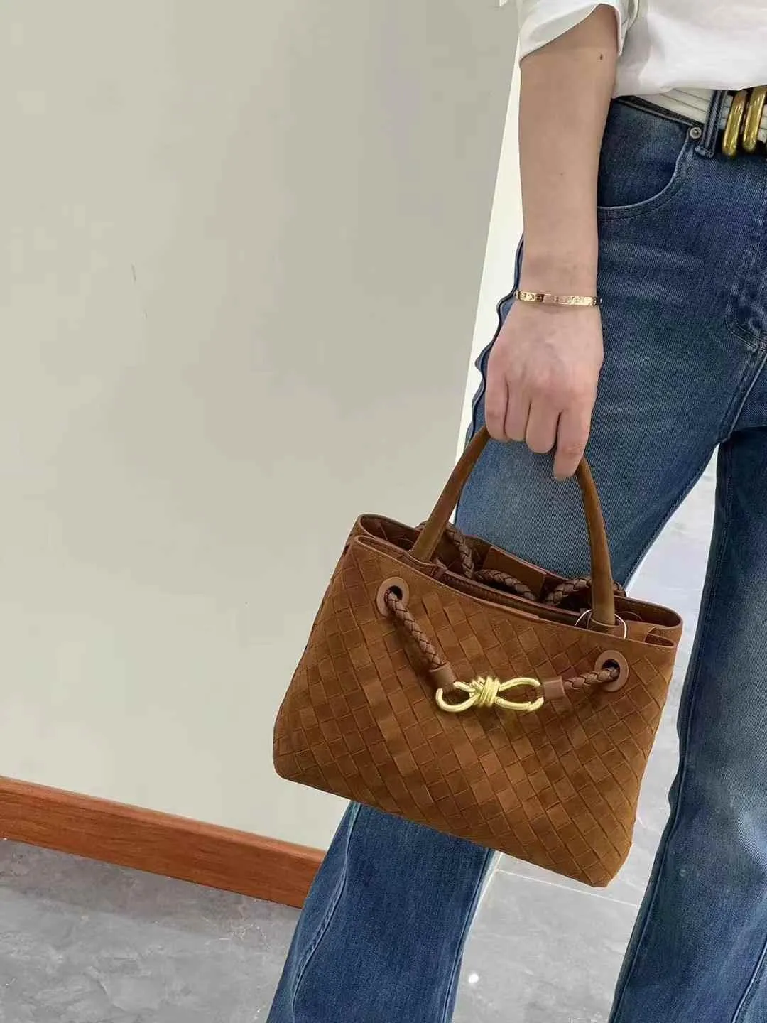 Lambskin Suede Leather Knotted Intrecciato Shoulder Bag | Woven Handbag With Metal Buckle, Daily Fashion Designer Bag, Woven Shoulder Purse