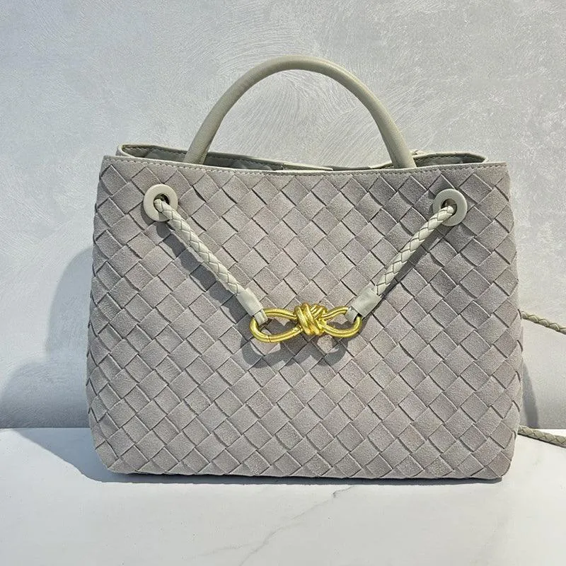 Lambskin Suede Leather Knotted Intrecciato Shoulder Bag | Woven Handbag With Metal Buckle, Daily Fashion Designer Bag, Woven Shoulder Purse