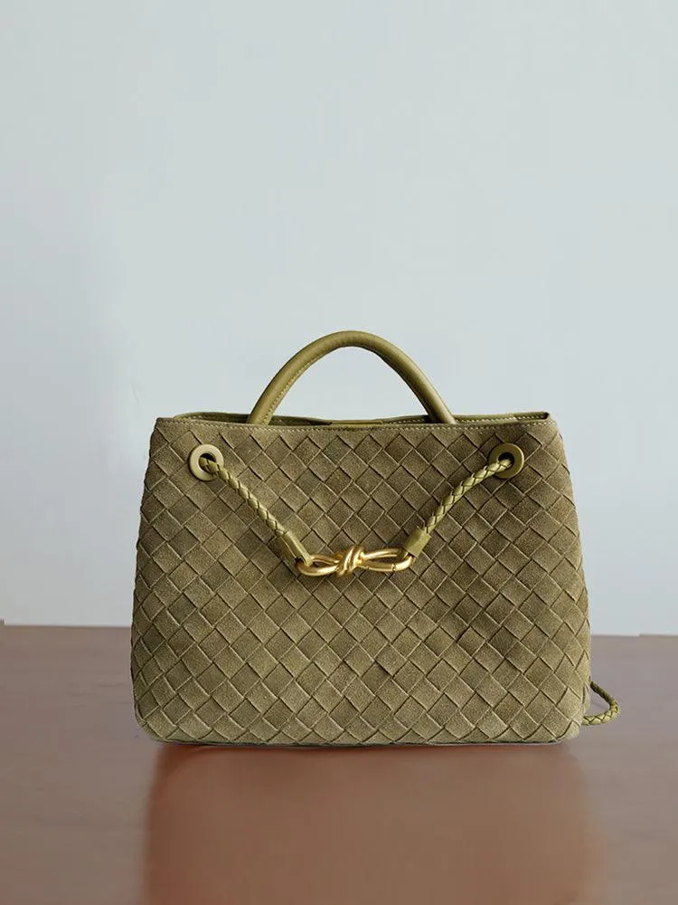 Lambskin Suede Leather Knotted Intrecciato Shoulder Bag | Woven Handbag With Metal Buckle, Daily Fashion Designer Bag, Woven Shoulder Purse