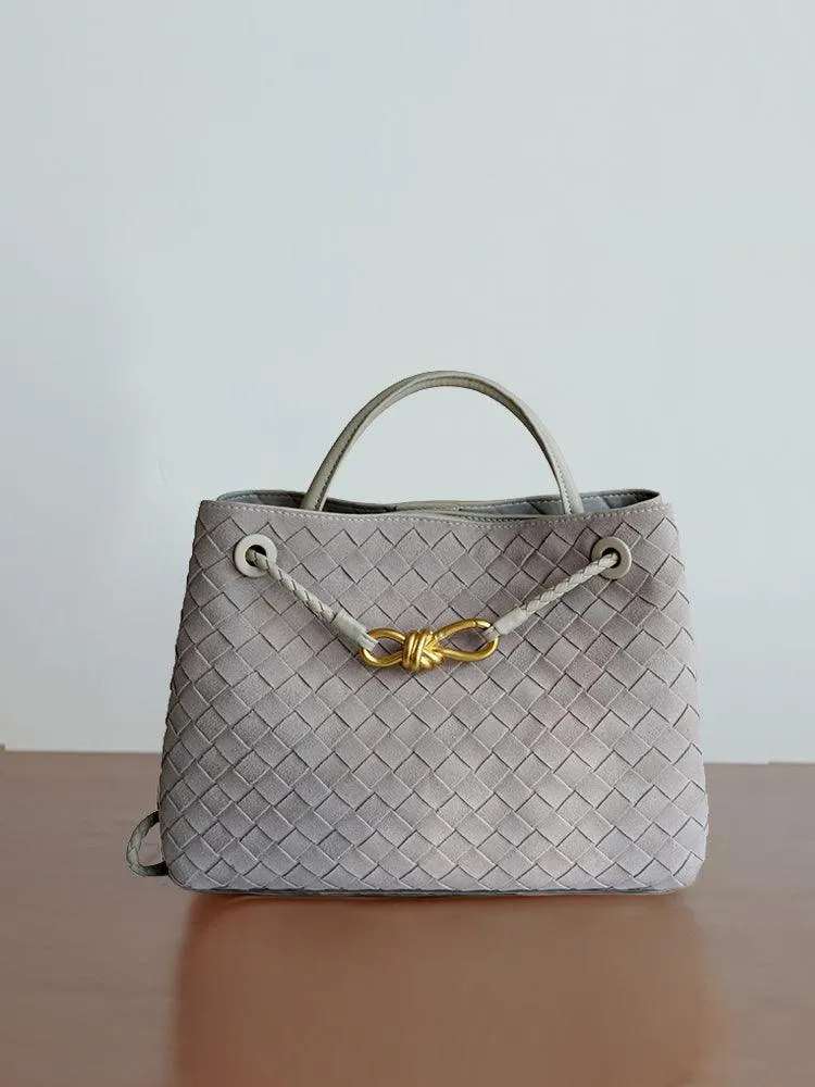 Lambskin Suede Leather Knotted Intrecciato Shoulder Bag | Woven Handbag With Metal Buckle, Daily Fashion Designer Bag, Woven Shoulder Purse