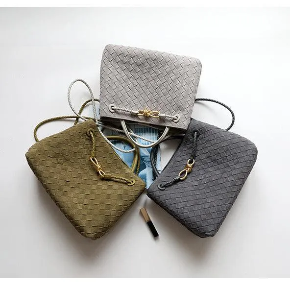 Lambskin Suede Leather Knotted Intrecciato Shoulder Bag | Woven Handbag With Metal Buckle, Daily Fashion Designer Bag, Woven Shoulder Purse