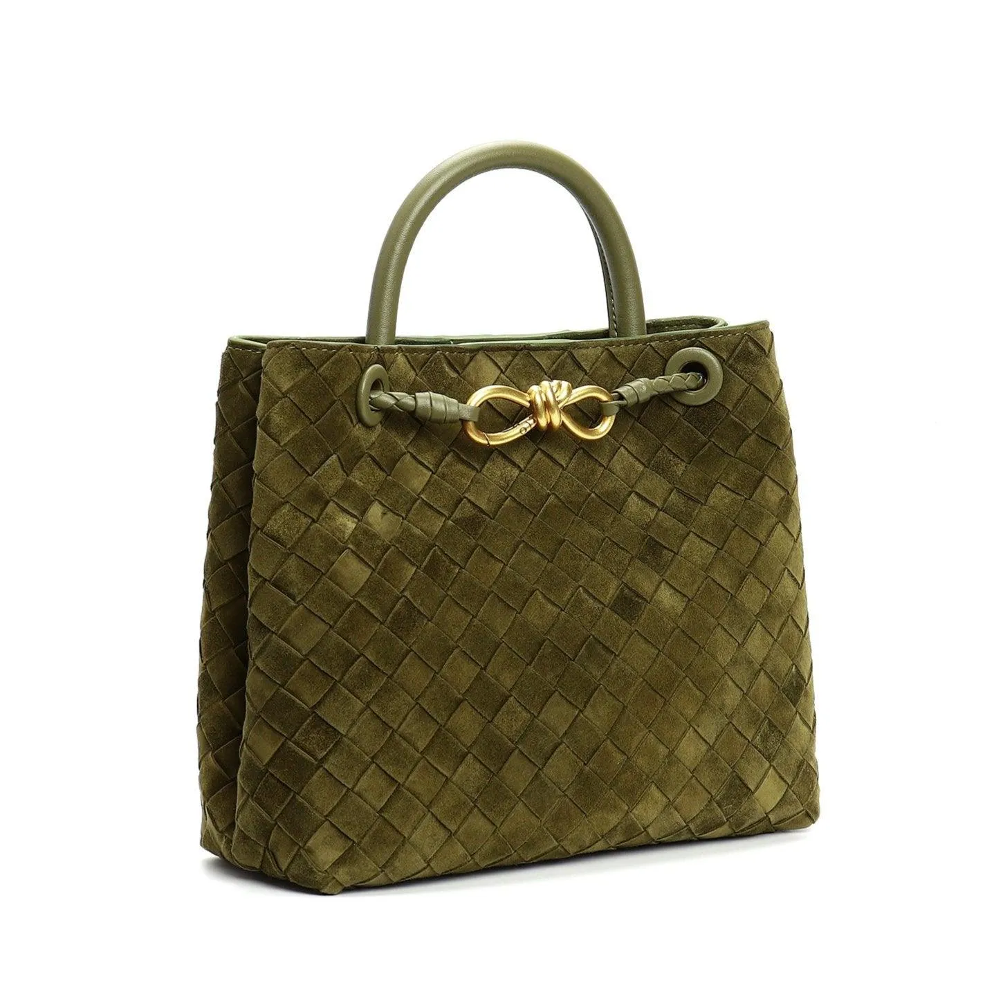 Lambskin Suede Leather Knotted Intrecciato Shoulder Bag | Woven Handbag With Metal Buckle, Daily Fashion Designer Bag, Woven Shoulder Purse