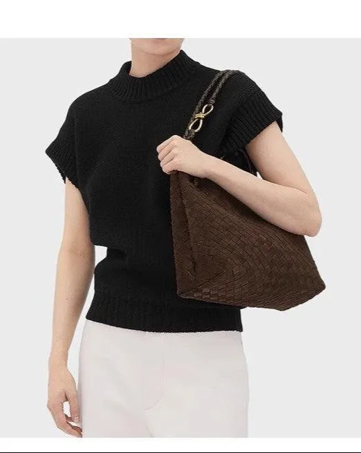 Lambskin Suede Leather Knotted Intrecciato Shoulder Bag | Woven Handbag With Metal Buckle, Daily Fashion Designer Bag, Woven Shoulder Purse