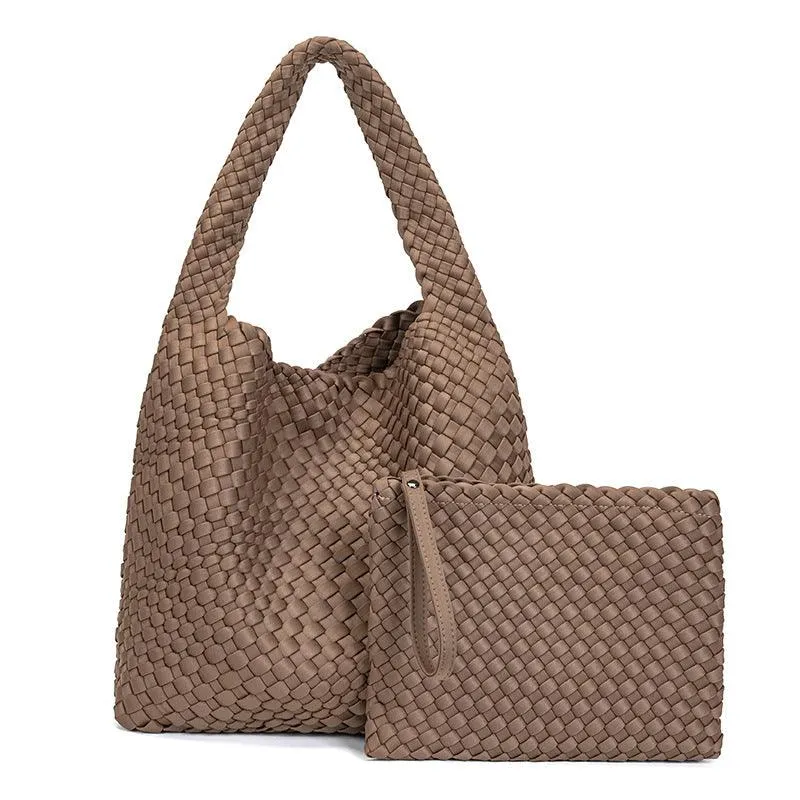 Large Handwoven Waterproof Neoprene Tote Bag, Shoulder Bag with Matching Pouch
