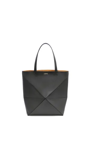 Large Puzzle Fold Tote In Shiny Calfskin - Black