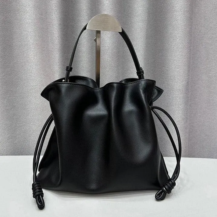Luxurious Minimalist Soft Calfskin Bucket Bag | Shoulder Bag and Crossbody Bag for Women with Drawstring Closure