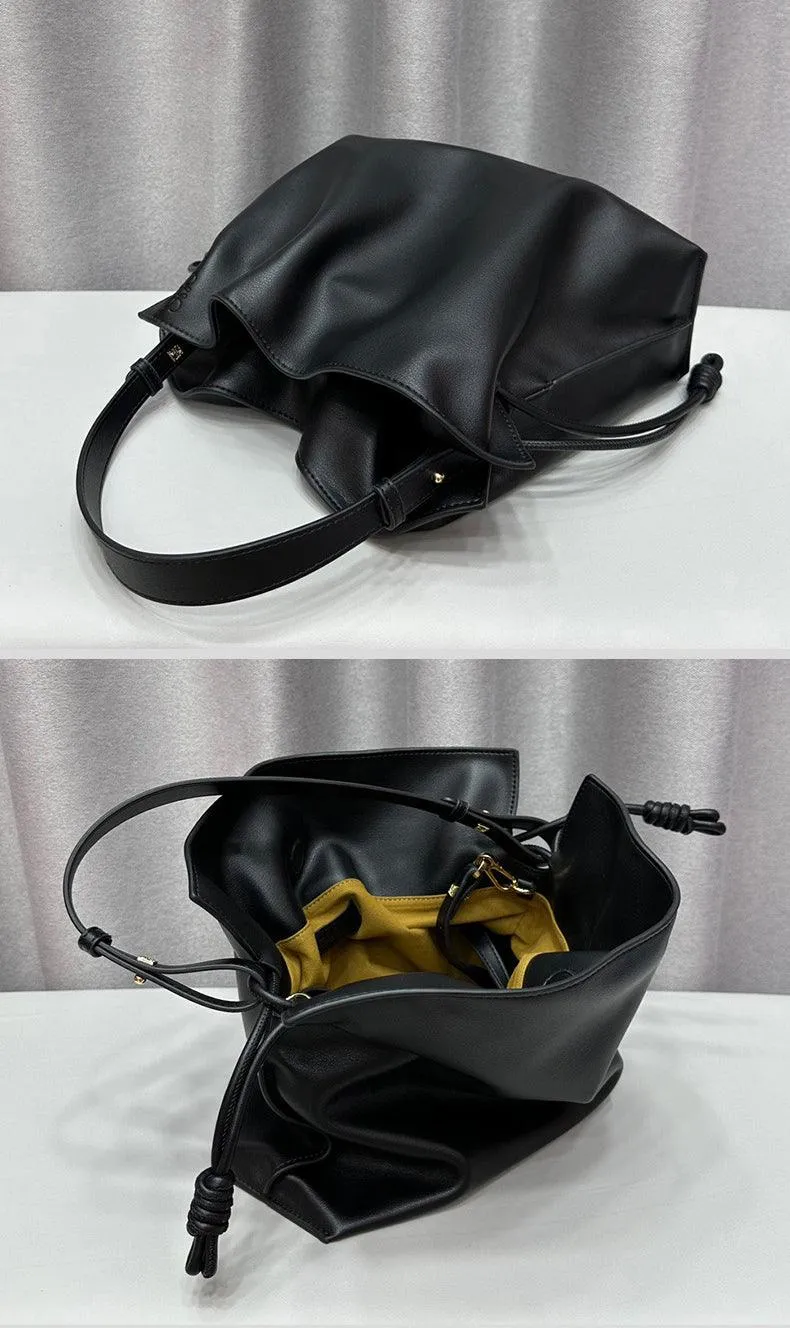 Luxurious Minimalist Soft Calfskin Bucket Bag | Shoulder Bag and Crossbody Bag for Women with Drawstring Closure