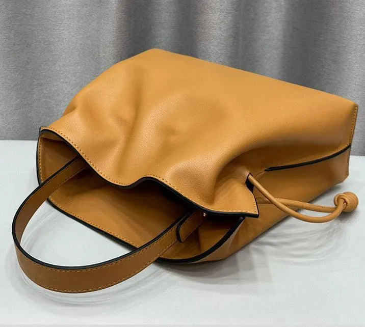 Luxurious Minimalist Soft Calfskin Bucket Bag | Shoulder Bag and Crossbody Bag for Women with Drawstring Closure