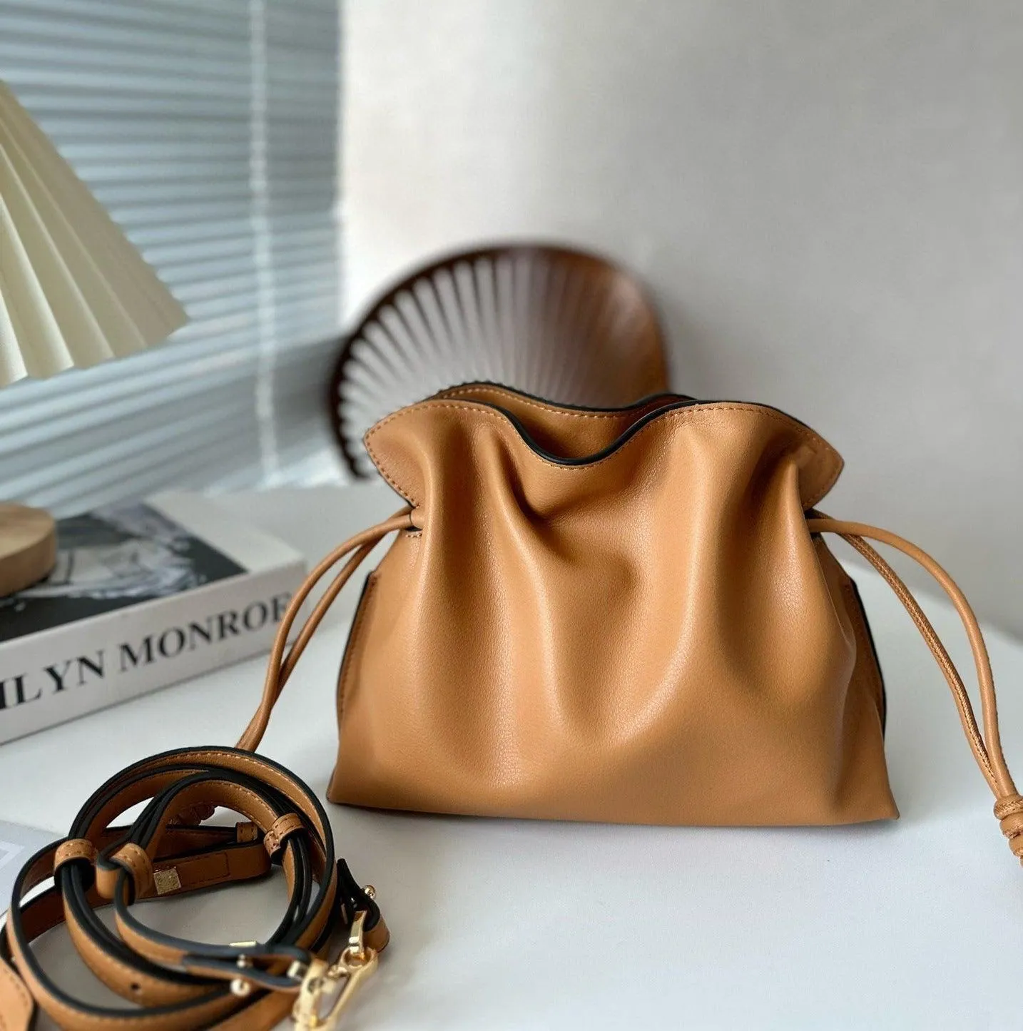 Luxurious Minimalist Soft Calfskin Bucket Bag | Shoulder Bag and Crossbody Bag for Women with Drawstring Closure