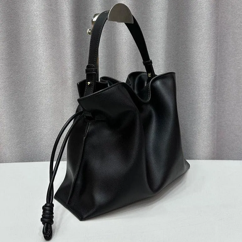 Luxurious Minimalist Soft Calfskin Bucket Bag | Shoulder Bag and Crossbody Bag for Women with Drawstring Closure