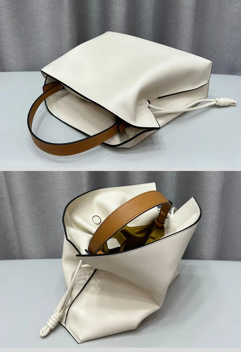 Luxurious Minimalist Soft Calfskin Bucket Bag | Shoulder Bag and Crossbody Bag for Women with Drawstring Closure