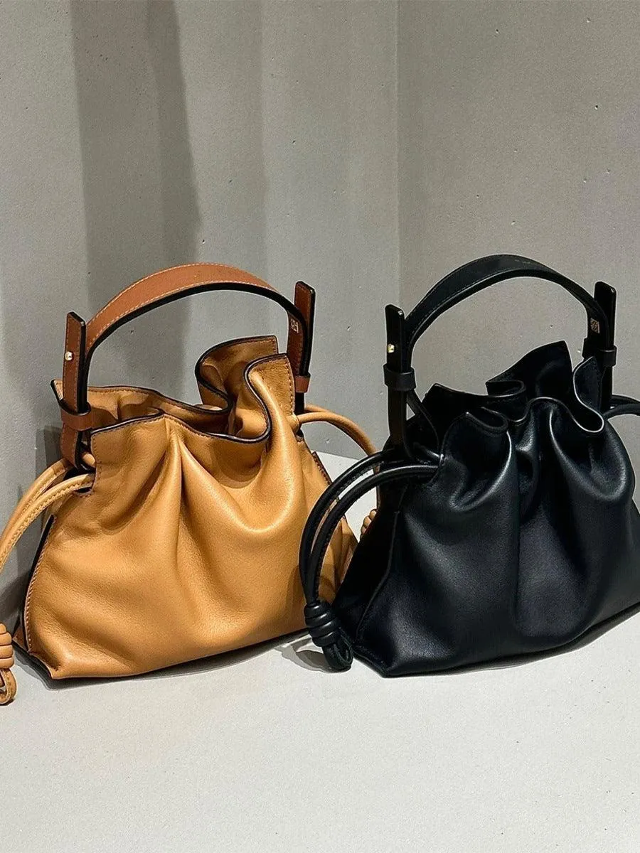 Luxurious Minimalist Soft Calfskin Bucket Bag | Shoulder Bag and Crossbody Bag for Women with Drawstring Closure