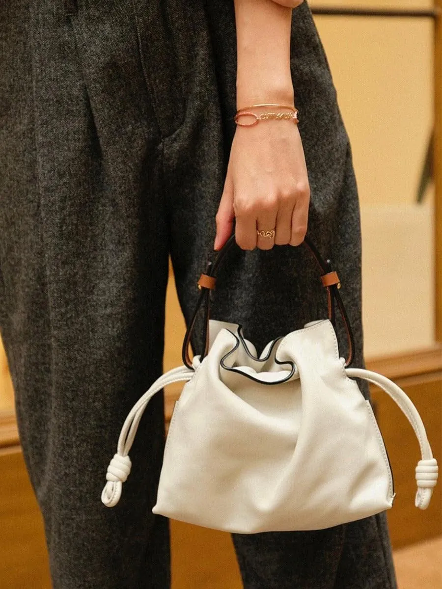 Luxurious Minimalist Soft Calfskin Bucket Bag | Shoulder Bag and Crossbody Bag for Women with Drawstring Closure