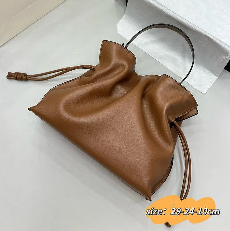 Luxurious Minimalist Soft Calfskin Bucket Bag | Shoulder Bag and Crossbody Bag for Women with Drawstring Closure