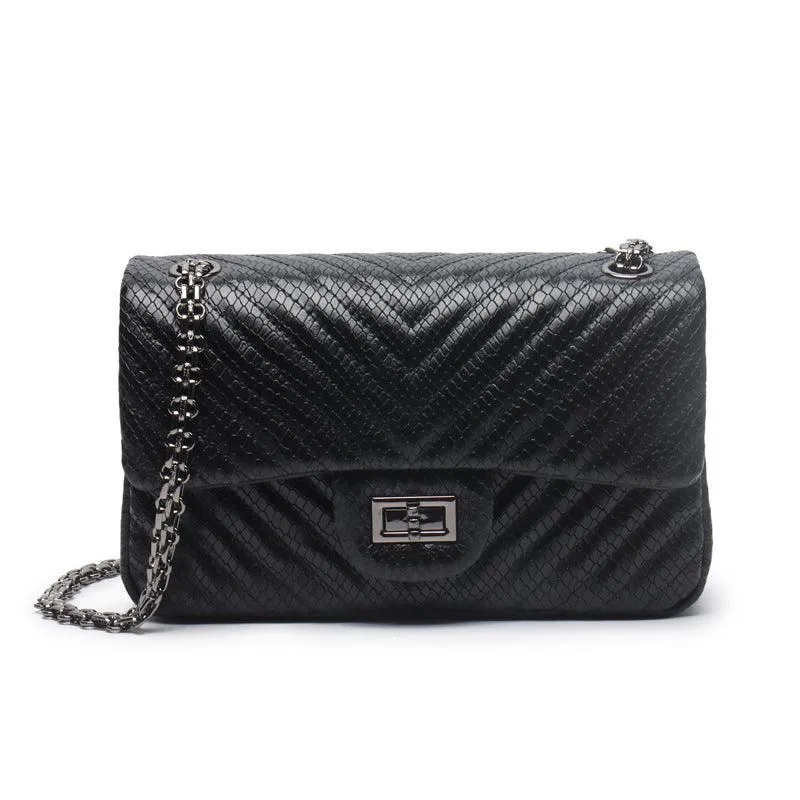 Luxury Quilted Genuine Leather Chain Shoulder Bag – Classic Small Flap Bag with Snake Pattern, Elegant Crossbody & Handbag
