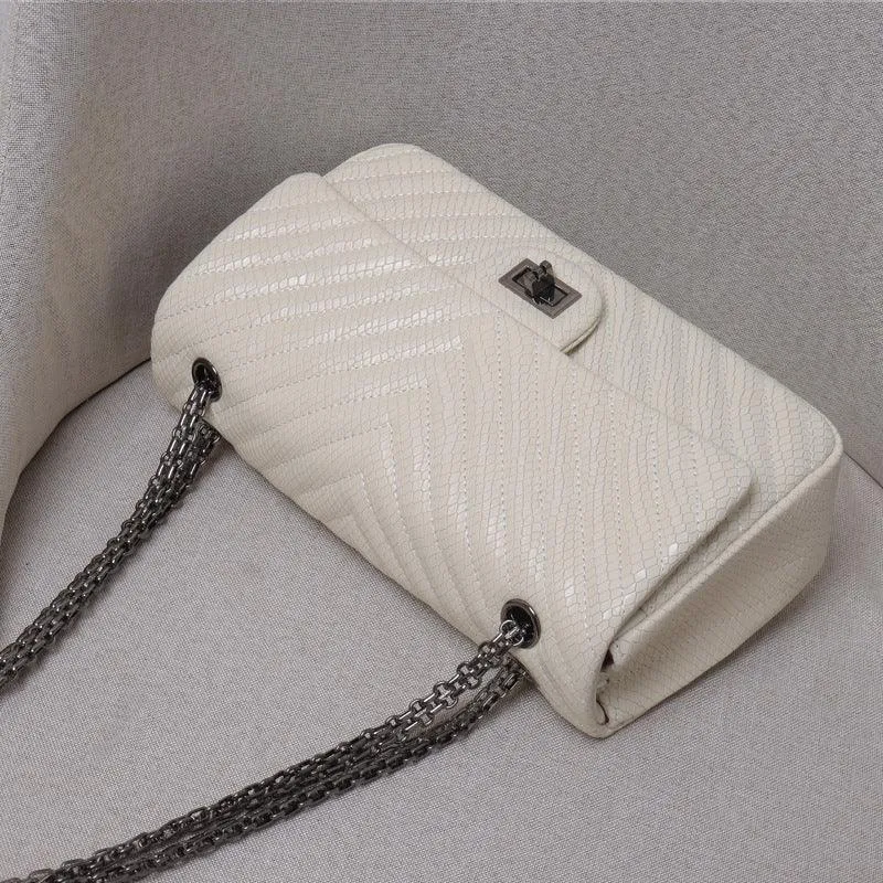 Luxury Quilted Genuine Leather Chain Shoulder Bag – Classic Small Flap Bag with Snake Pattern, Elegant Crossbody & Handbag