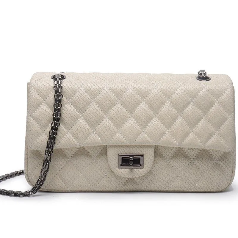 Luxury Quilted Genuine Leather Chain Shoulder Bag – Classic Small Flap Bag with Snake Pattern, Elegant Crossbody & Handbag