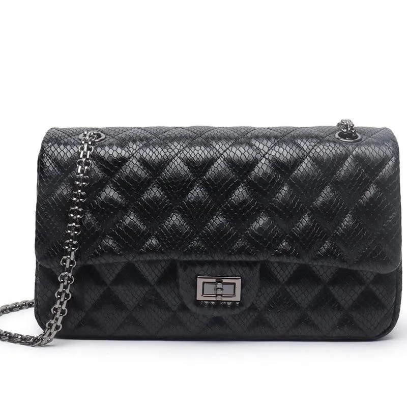 Luxury Quilted Genuine Leather Chain Shoulder Bag – Classic Small Flap Bag with Snake Pattern, Elegant Crossbody & Handbag