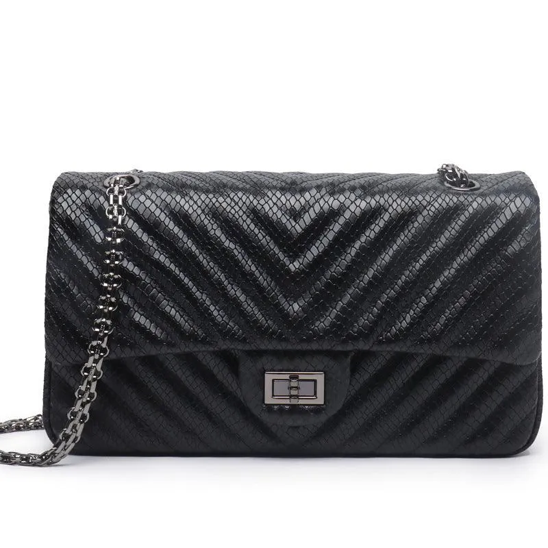 Luxury Quilted Genuine Leather Chain Shoulder Bag – Classic Small Flap Bag with Snake Pattern, Elegant Crossbody & Handbag