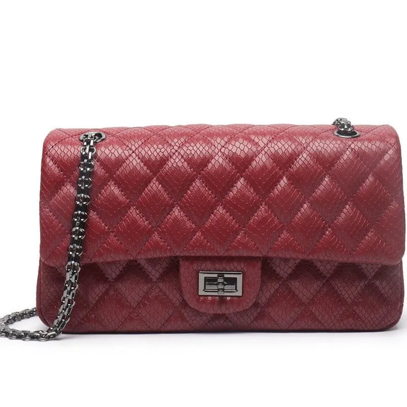 Luxury Quilted Genuine Leather Chain Shoulder Bag – Classic Small Flap Bag with Snake Pattern, Elegant Crossbody & Handbag