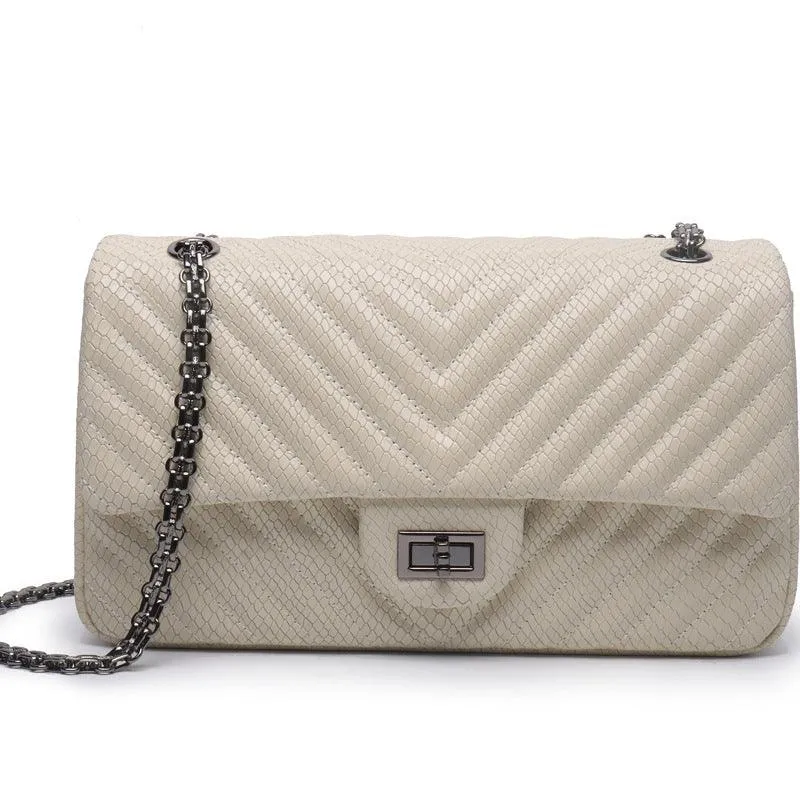 Luxury Quilted Genuine Leather Chain Shoulder Bag – Classic Small Flap Bag with Snake Pattern, Elegant Crossbody & Handbag