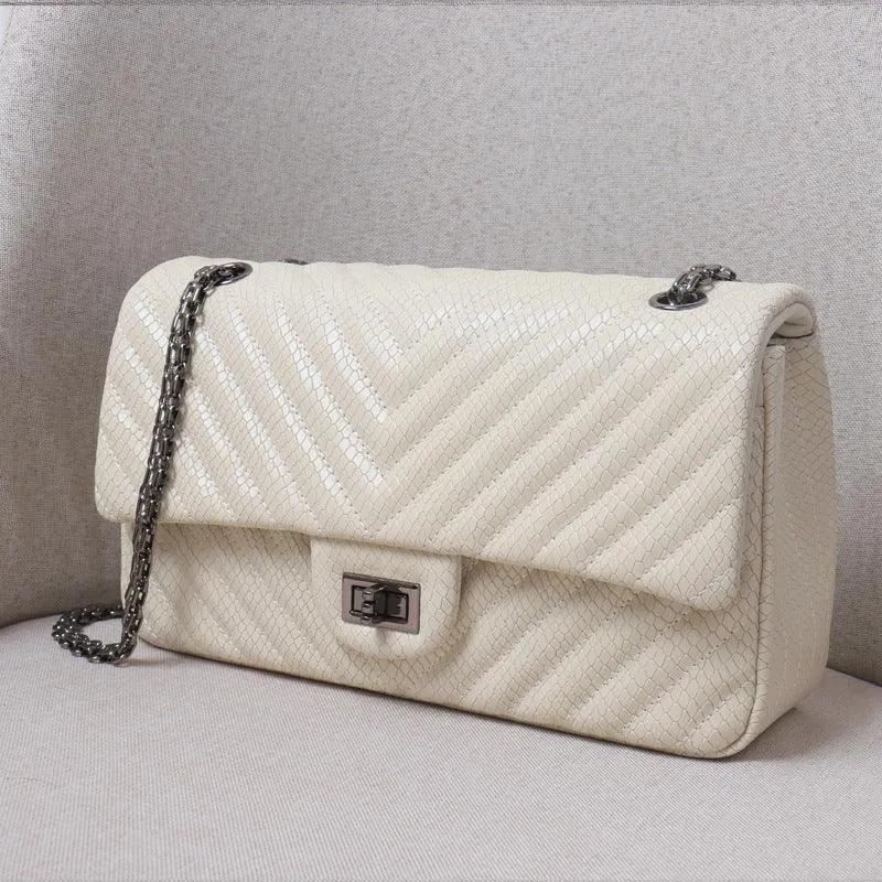 Luxury Quilted Genuine Leather Chain Shoulder Bag – Classic Small Flap Bag with Snake Pattern, Elegant Crossbody & Handbag