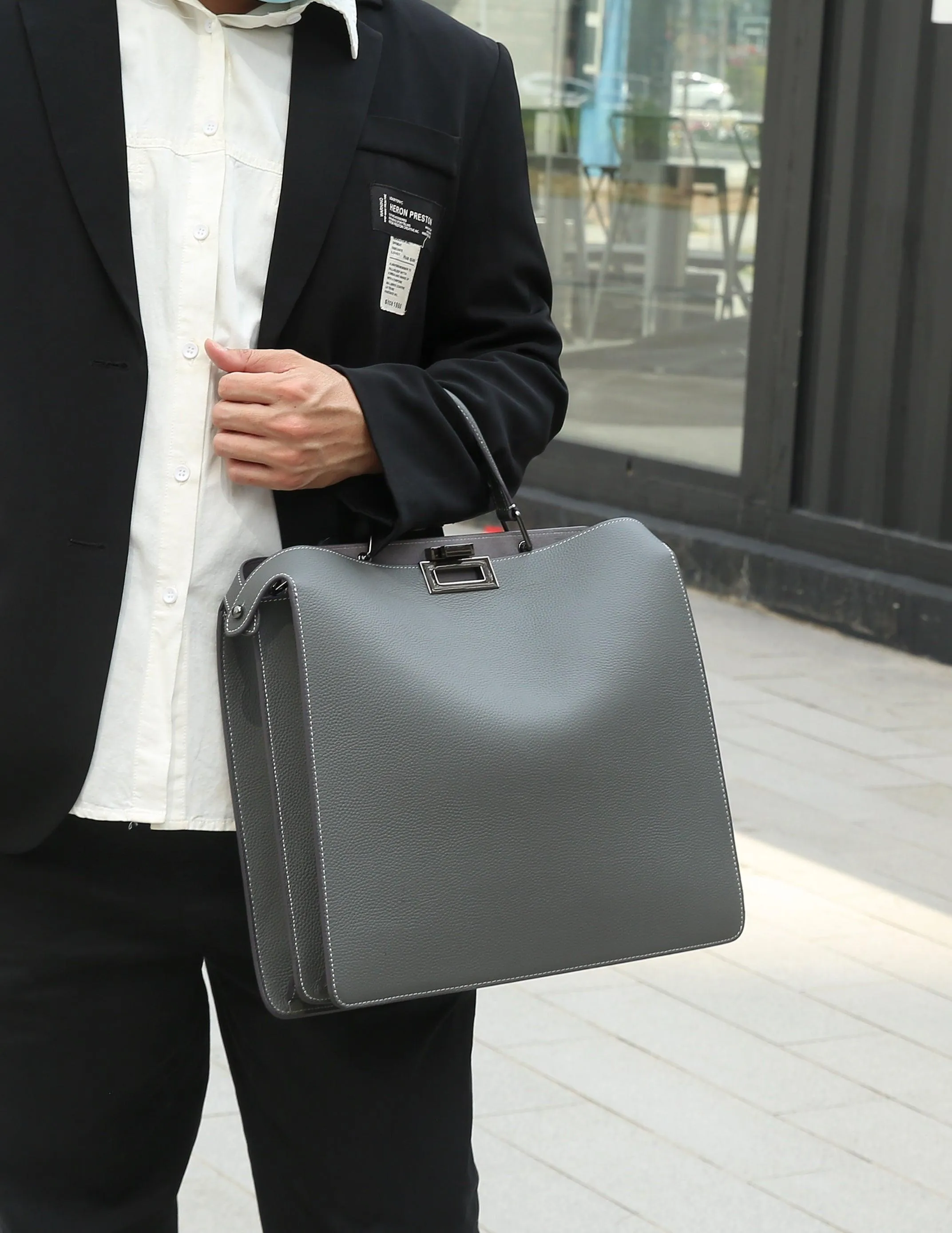 Luxury Togo Leather Structured Brief Tote, Unisex Shoulder Bag & Handbag, Laptop Bag