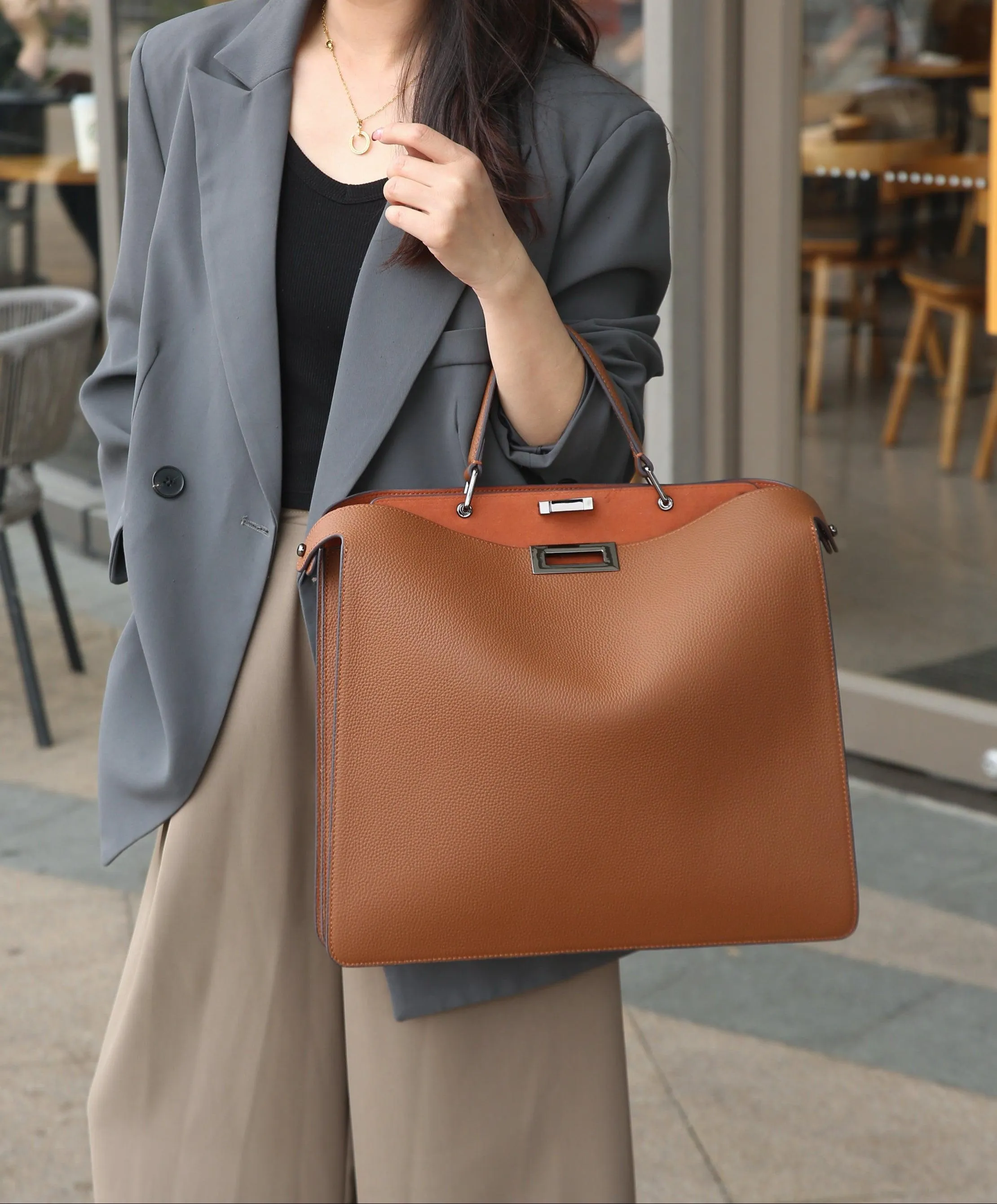 Luxury Togo Leather Structured Brief Tote, Unisex Shoulder Bag & Handbag, Laptop Bag