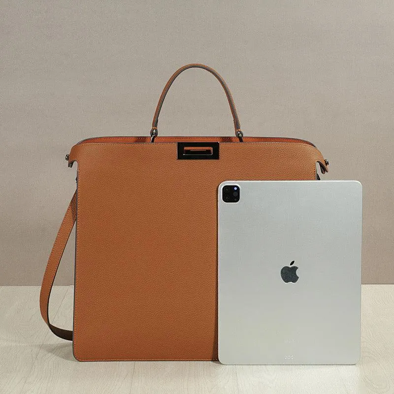 Luxury Togo Leather Structured Brief Tote, Unisex Shoulder Bag & Handbag, Laptop Bag