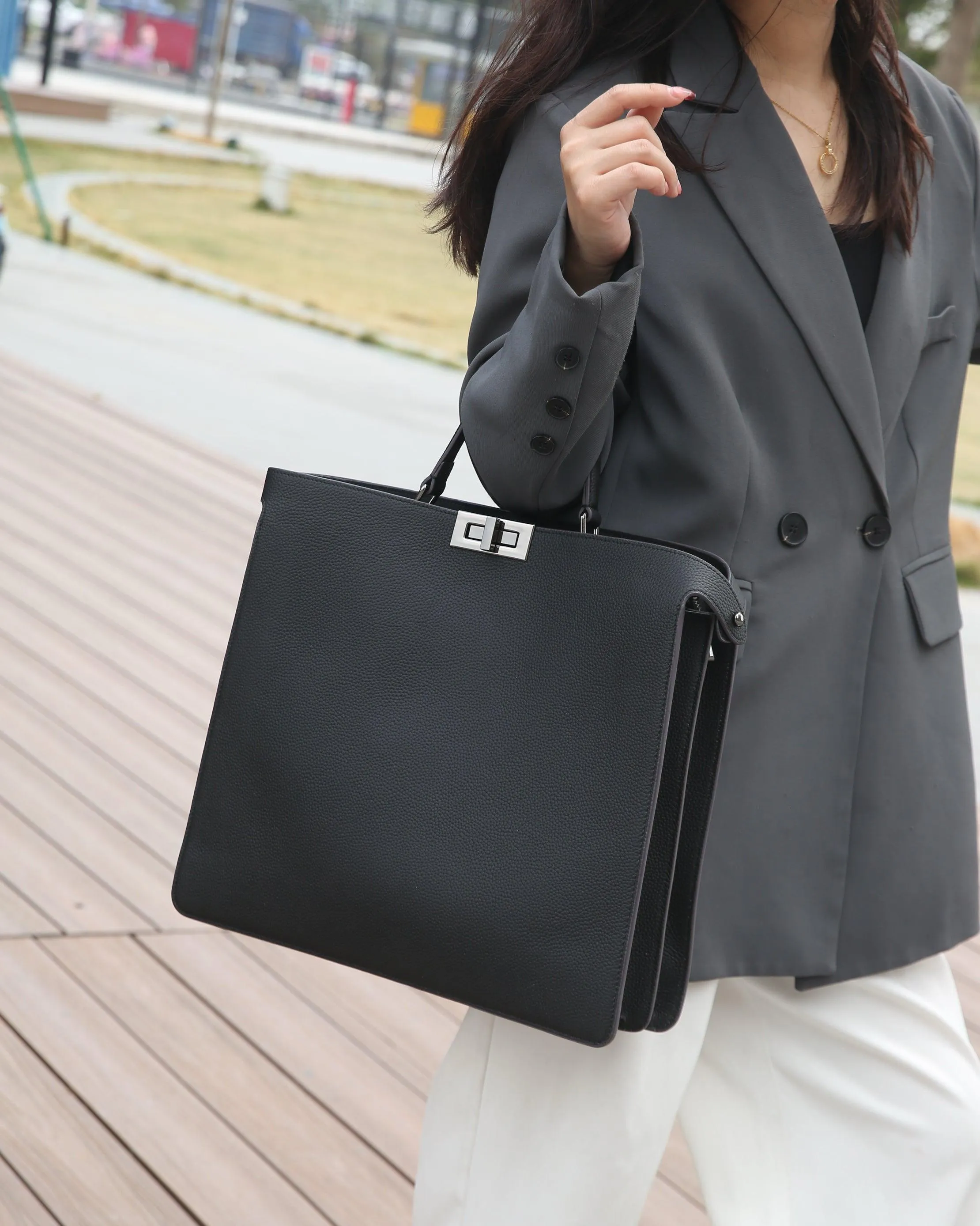 Luxury Togo Leather Structured Brief Tote, Unisex Shoulder Bag & Handbag, Laptop Bag