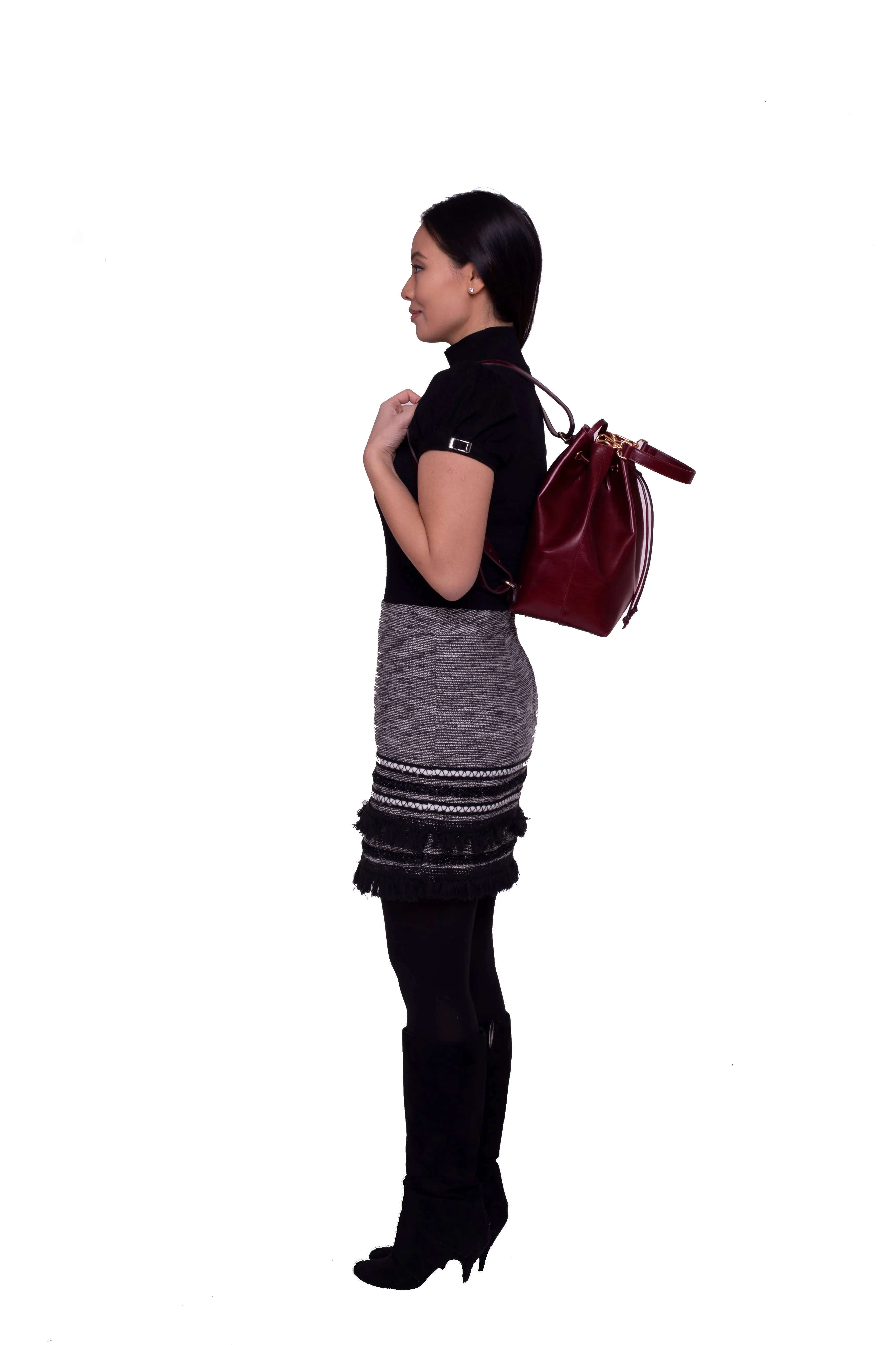 Madison Drawstring Leather Bucket Bag in Maroon Burgundy - WAITLIST