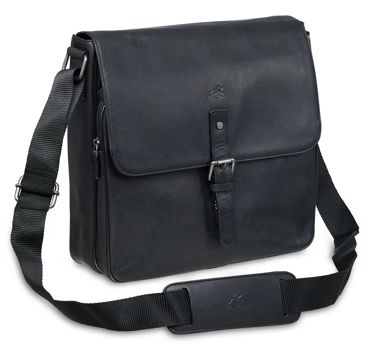 Mancini Leather Crossover Bag for 12" Laptop / Tablet with RFID Secure Pocket, 12" x 3" x 12", Black
