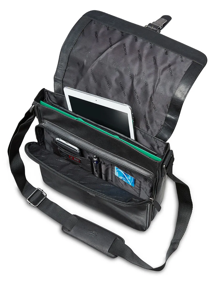 Mancini Leather Crossover Bag for 12" Laptop / Tablet with RFID Secure Pocket, 12" x 3" x 12", Black