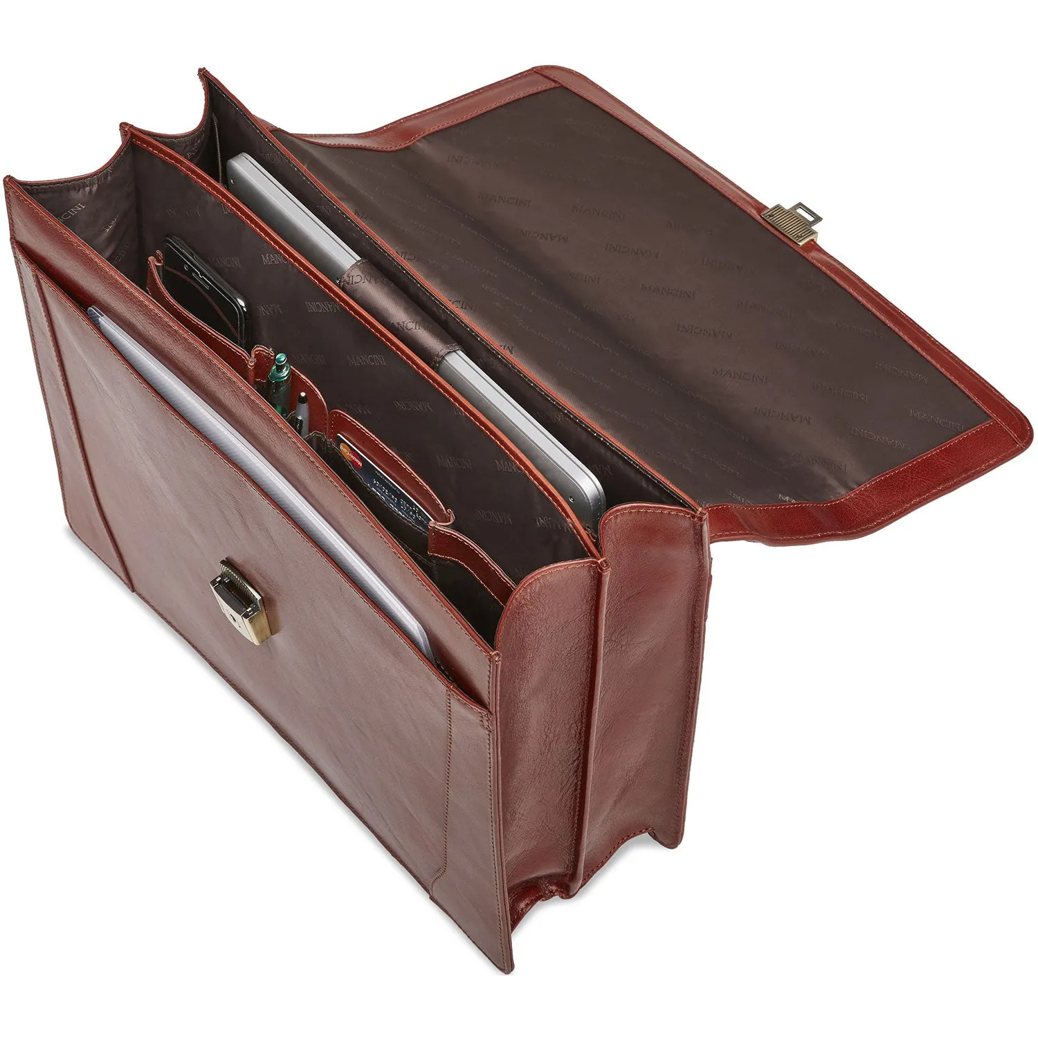 Mancini Leather Signature Collection Laptop / Tablet Compatible Double Compartment Briefcase - Brown