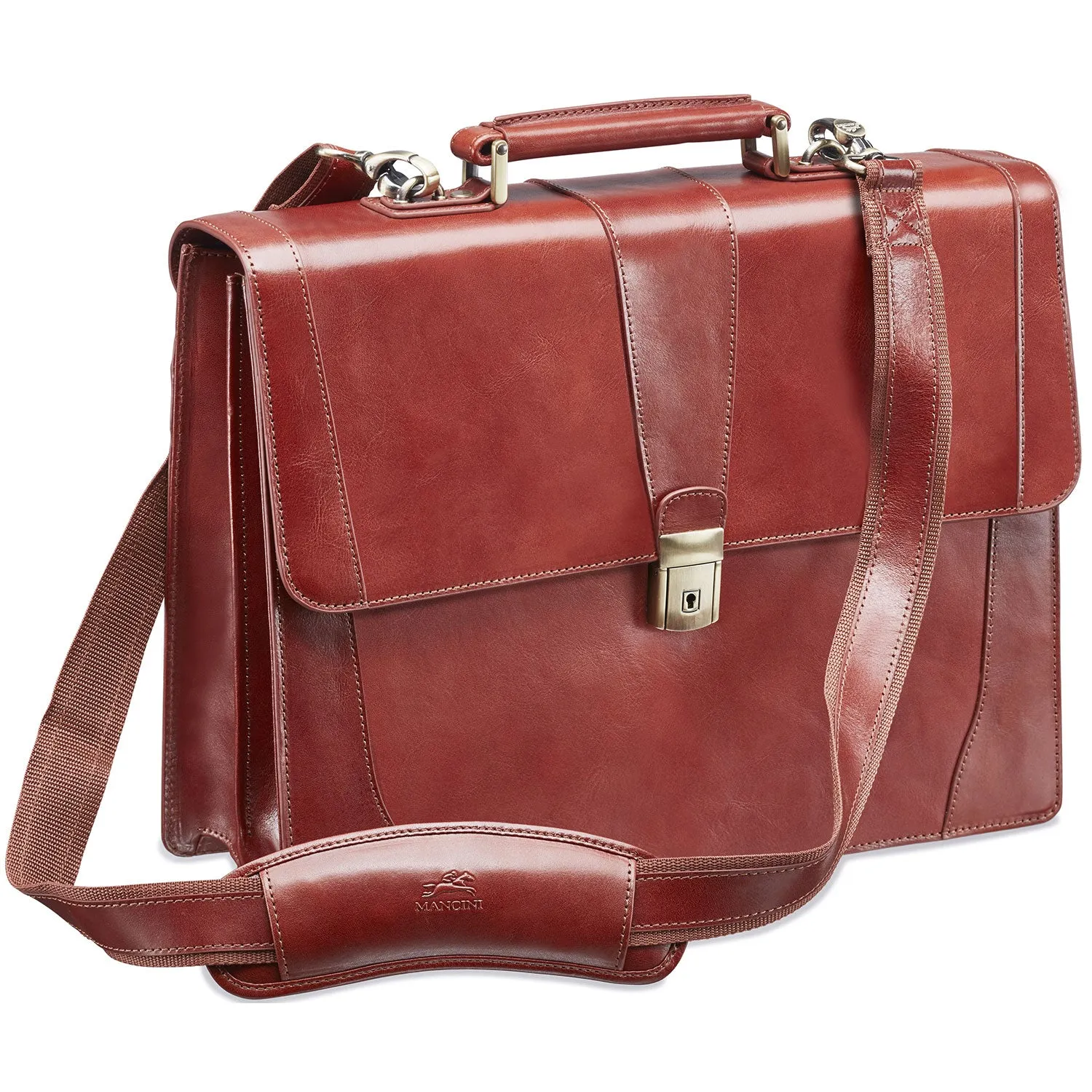Mancini Leather Signature Collection Laptop / Tablet Compatible Double Compartment Briefcase - Brown